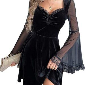 Gothic Dress Black Velvet Sweetheart Neckline Lace Trim High Waist Romantic Vint